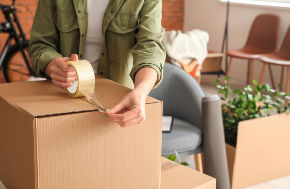 A woman taping closed a packed moving box. 