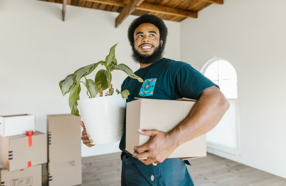 A man standing in a predominantly empty room except for a pile of moving boxes. He is holding a pot plant and moving box. 